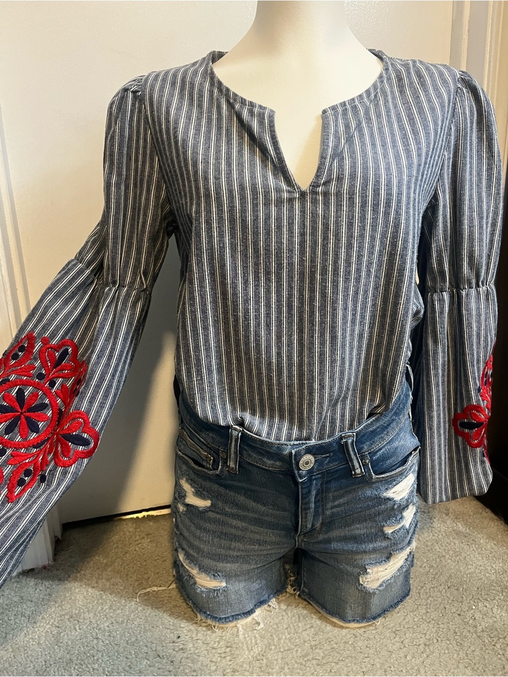 Free the Roses Navy Stripe Tunic with Red Embroidered Sleeves